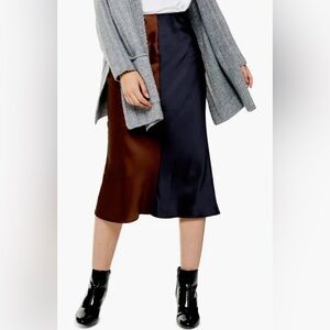 Topshop Brown and Black Satin Midi Skirt